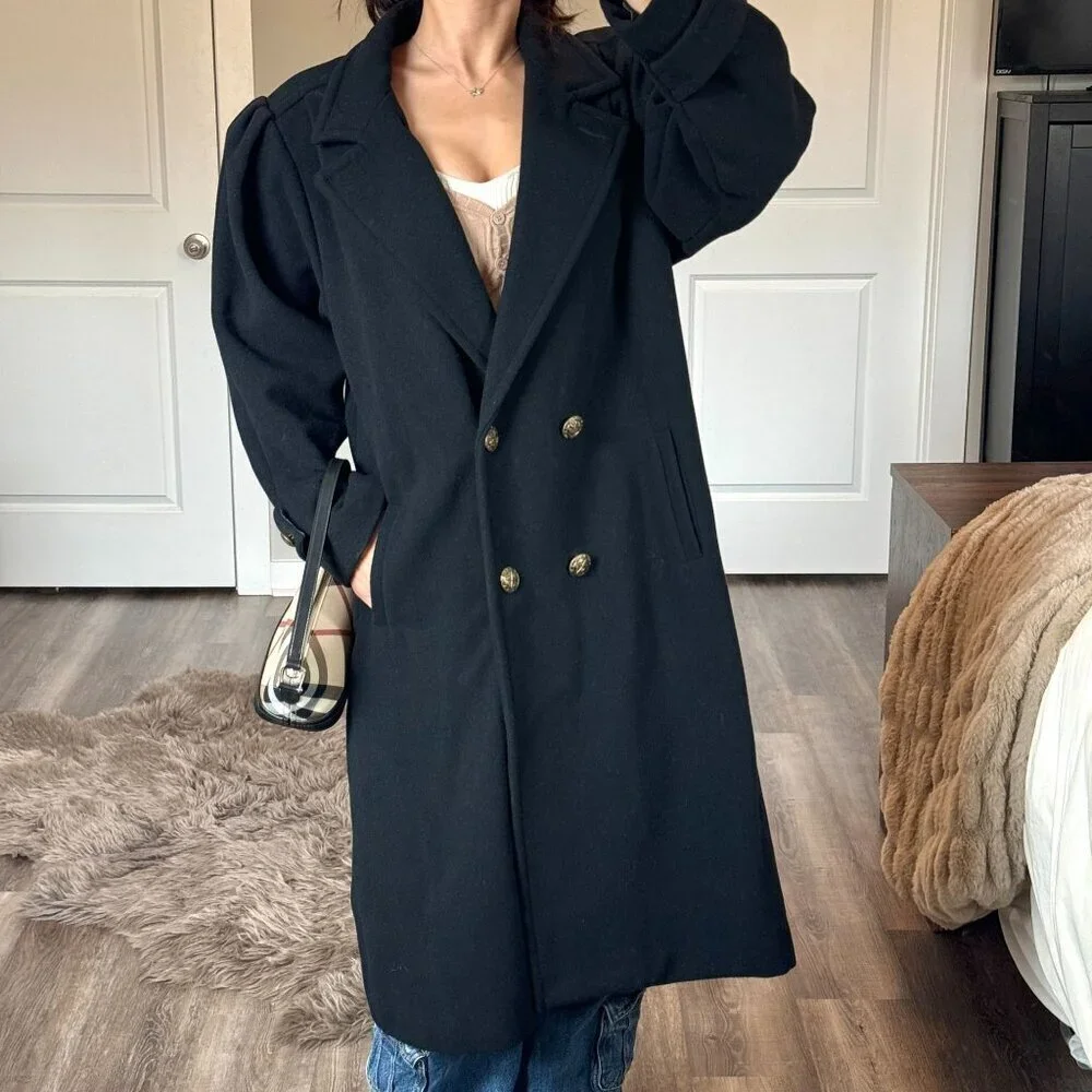 Vintage Wool Long Overcoat 14P Black Double Breasted Gold Buttons Quiet Luxury